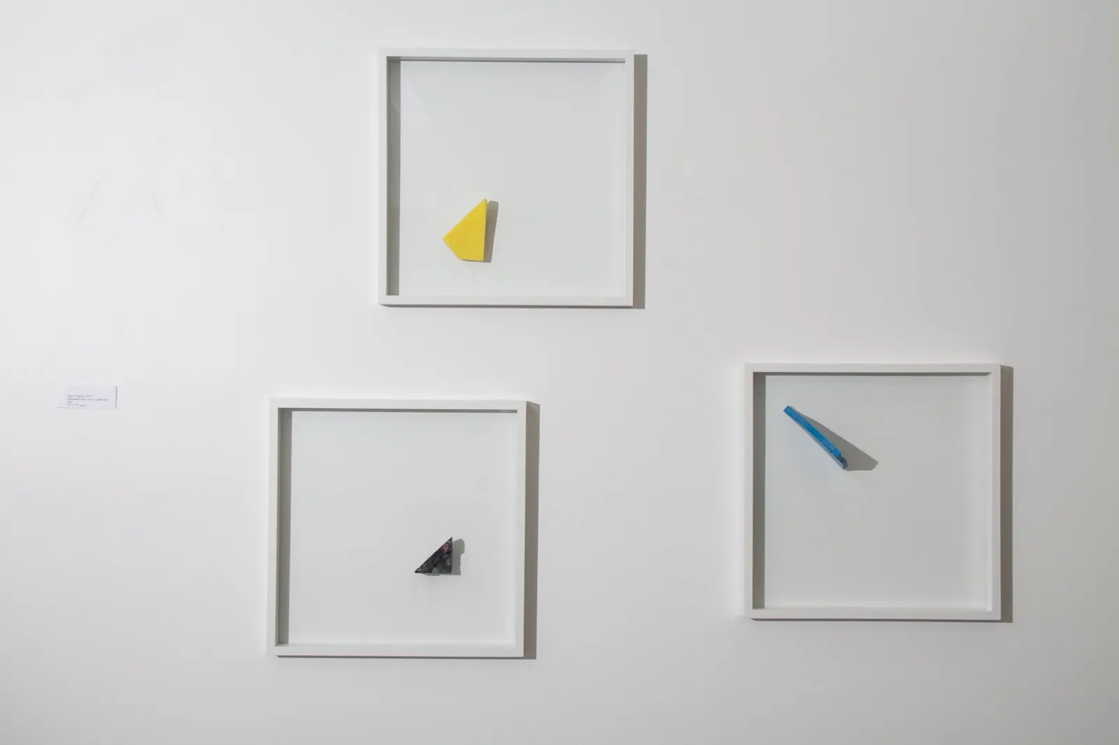 Figure (Figura), 2017: three frames, each holding a single pigmented resin fragment