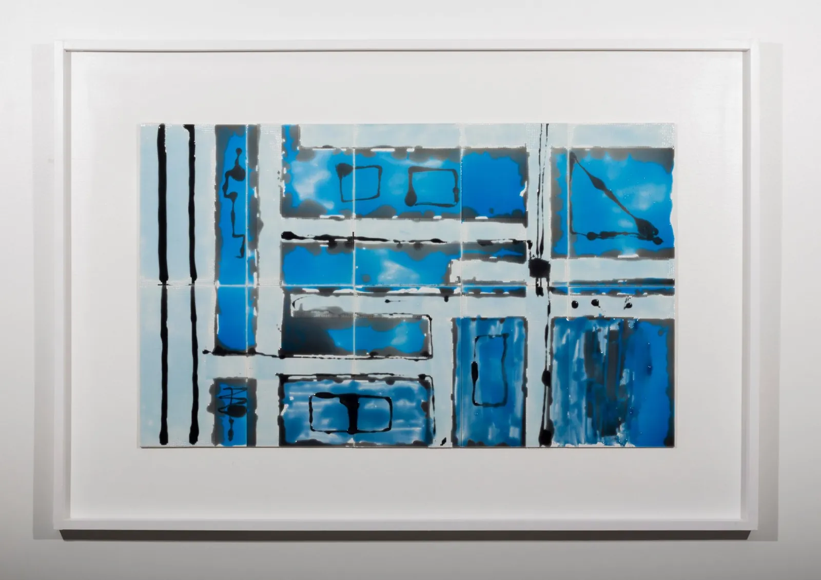 Matrix, 2017: framed panel of blue pigmented resin and black lines over a drywall-tape grid