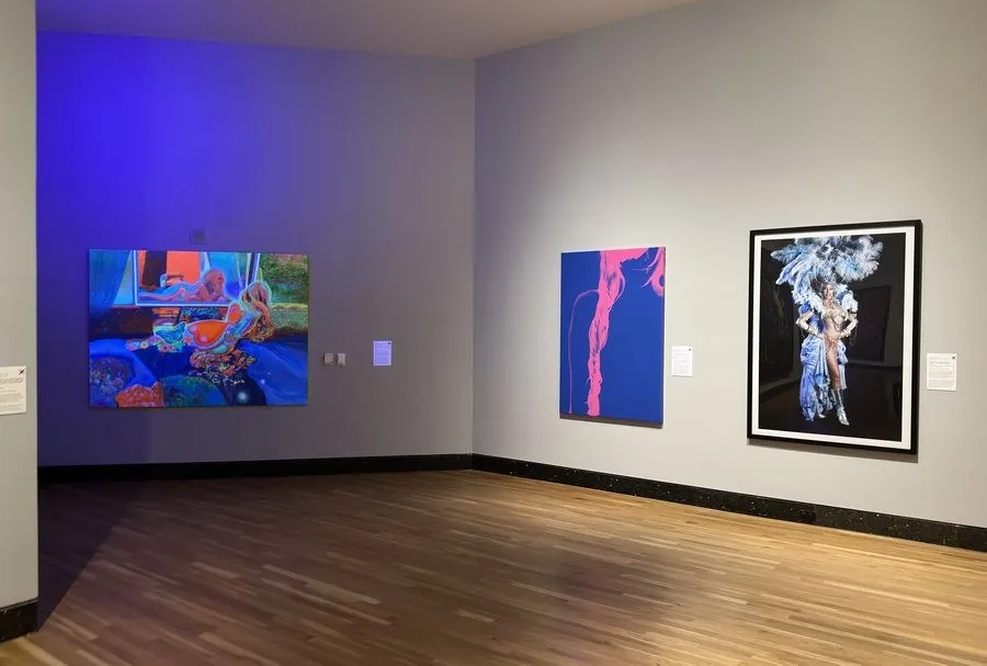 Gallery view at the Harn Museum of Art, 2023, with The River by Jorge Lavoy on the center wall